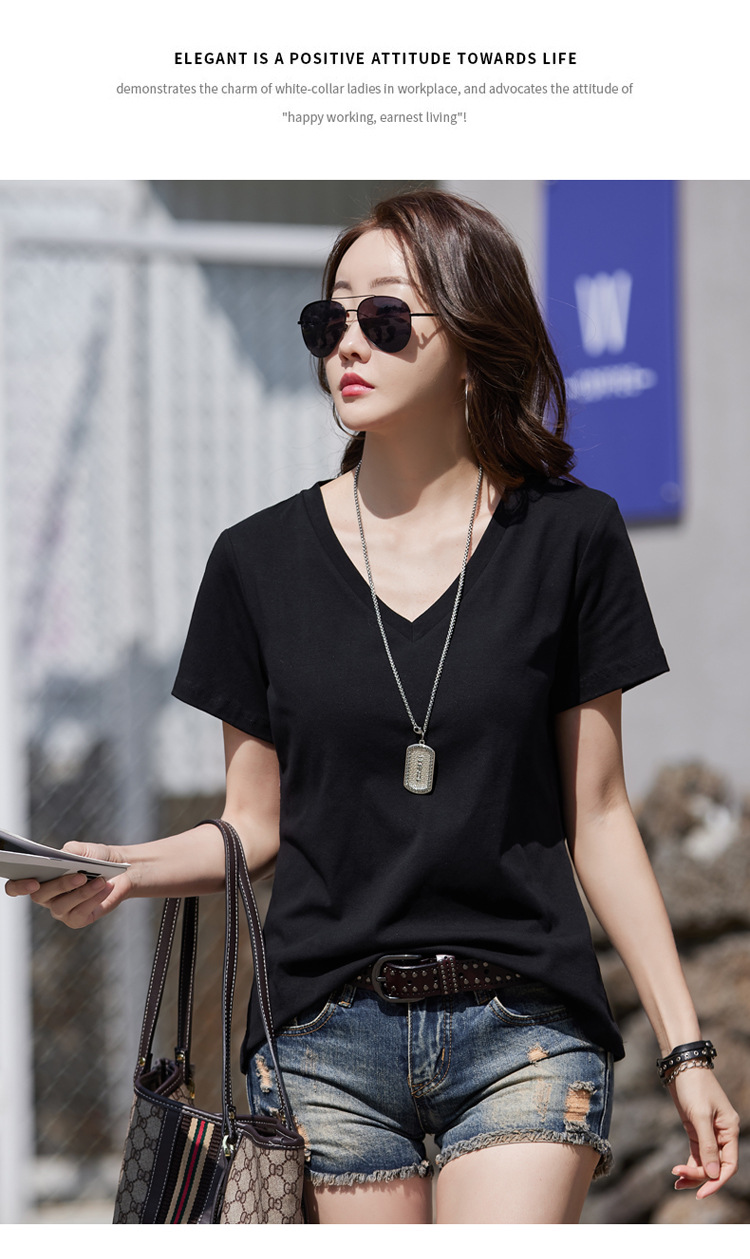 一件代发夏季新款短袖T恤女宽松纯棉V领大码纯色上衣紫色跨境货源详情20