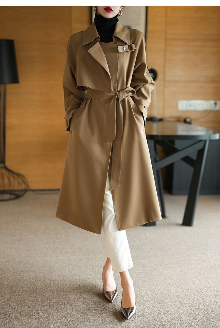 High-end and elegant long khaki trench coat for women in spring 2025, a loose, wrinkle-resistant and drape British style coat pic 9