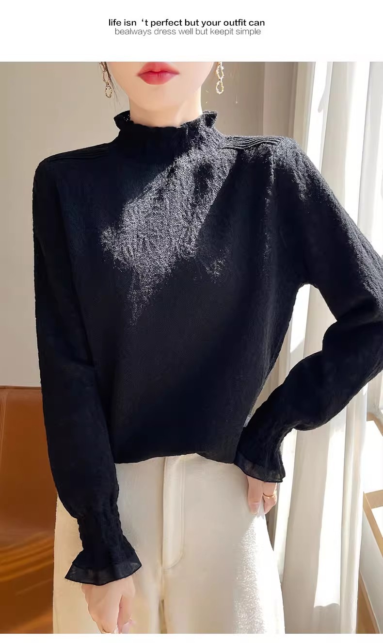 The 2025 autumn/winter new style lace and black ear-trimmed semi-high neck base layer for women is super stylish. Pair it with an A9325 sweater pic 25