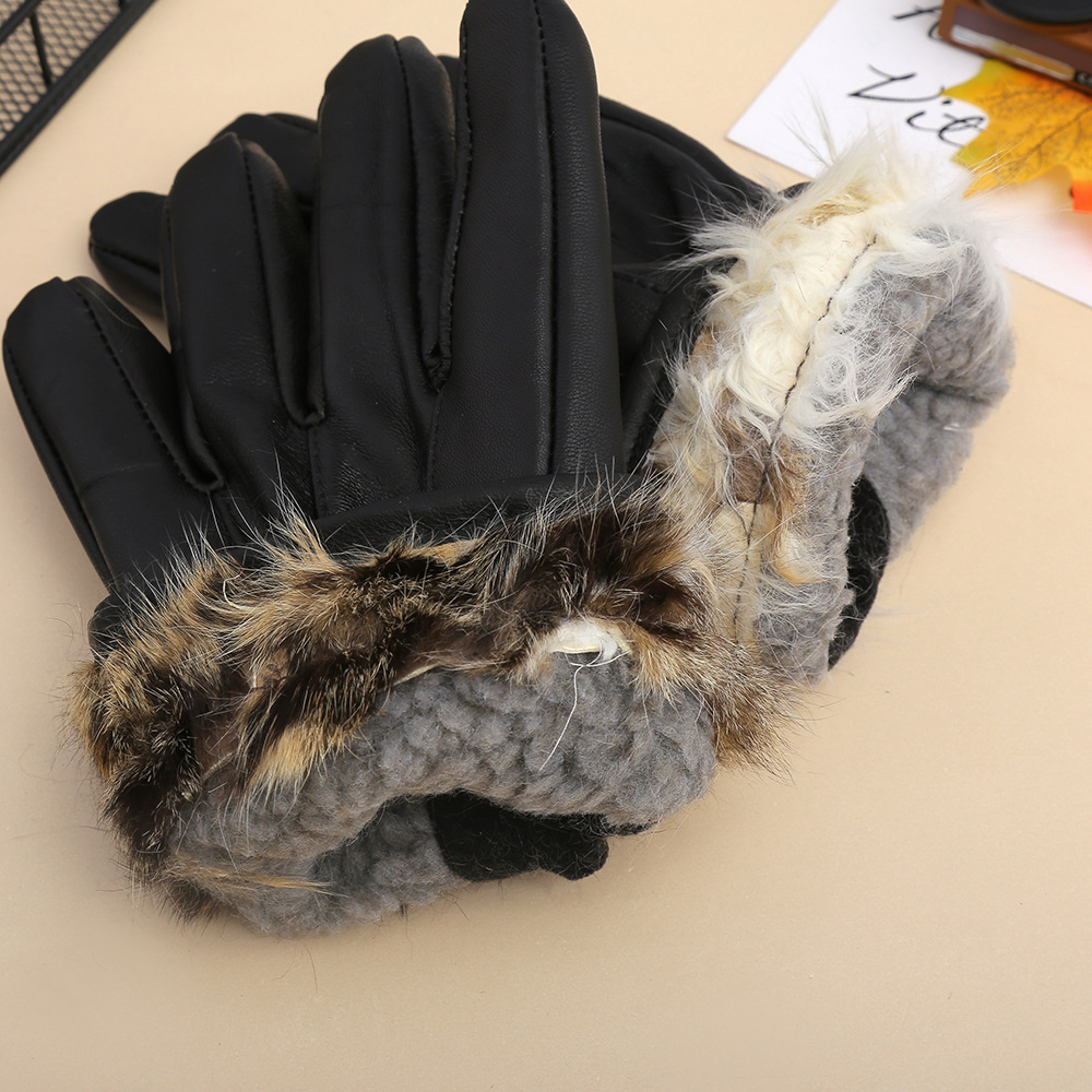 Wholesale of cross-border genuine dog hair thickened leather gloves, fashionable black cold-proof and warm leather gloves, and cycling gloves pic 4