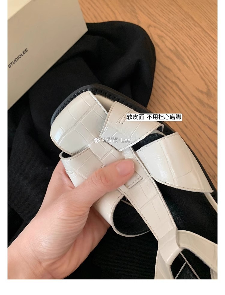 葡萄妈同款~罗马风编织设计方头镂空包头软面小粗跟凉鞋女夏详情7