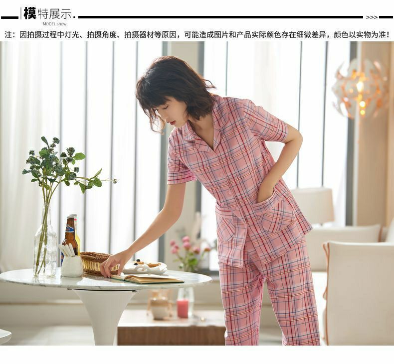 100%纯棉睡衣女夏季薄款短袖长裤大码家居服套装夏可外穿详情17