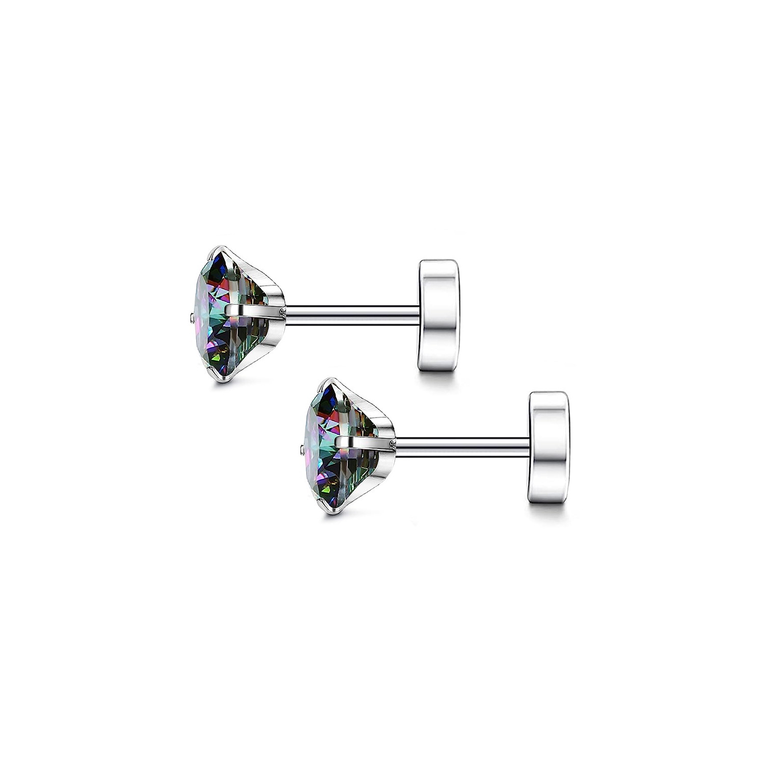 Cross-border titanium steel flat-bottom zircon ear studs, round ear bone studs, cochlear studs, zircon ear studs with external threads, versatile and high-end pic 8