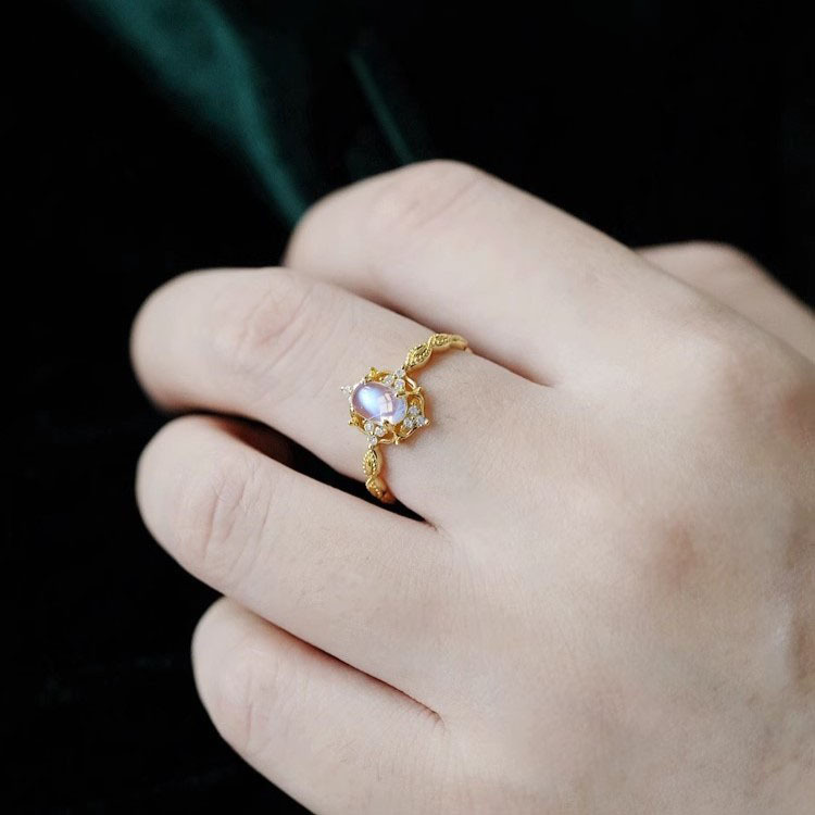 Moonstone plain ring for women, light luxury, niche and high-end feel, adjustable index finger ring, unique retro style open ring pic 19