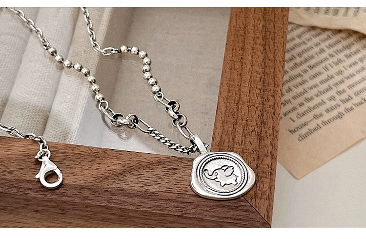 S925纯银复古圆牌小象图章项链女韩风高雅感毛衣链小众饰品精品详情4