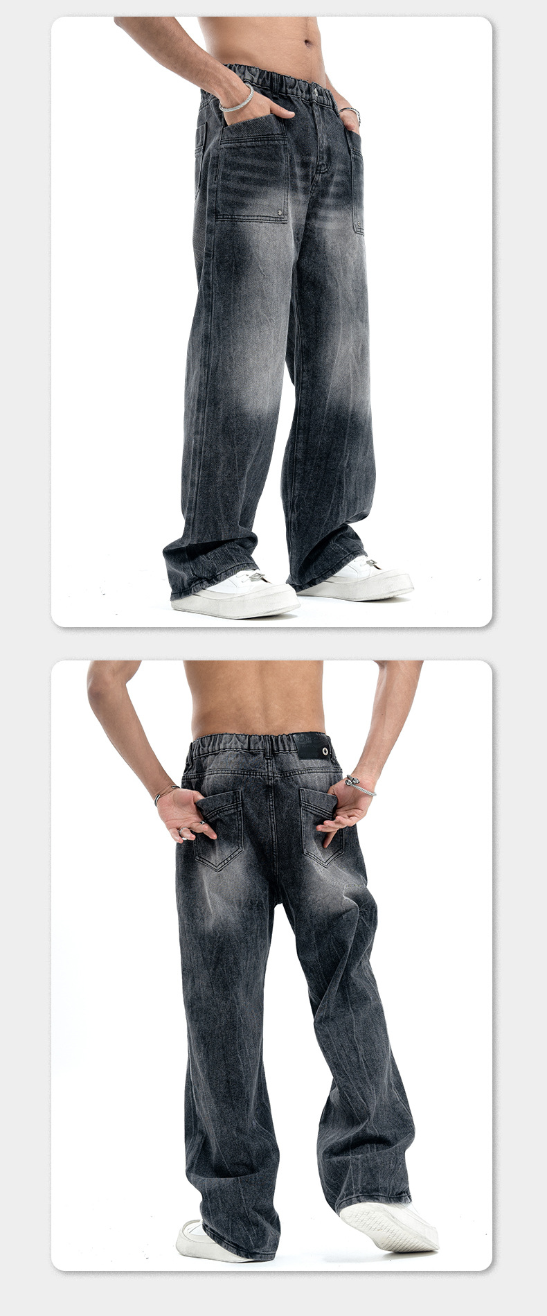 LAWFOO美式复古高街牛仔裤男女水洗做旧宽松阔腿直筒潮牌高街裤子详情9