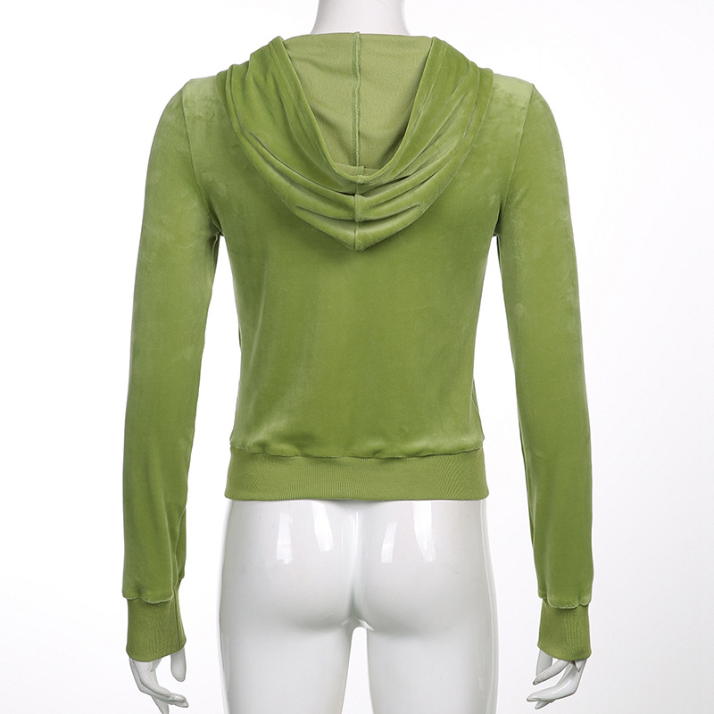 Solid color velvet slim sports suit zipper hood pic 29