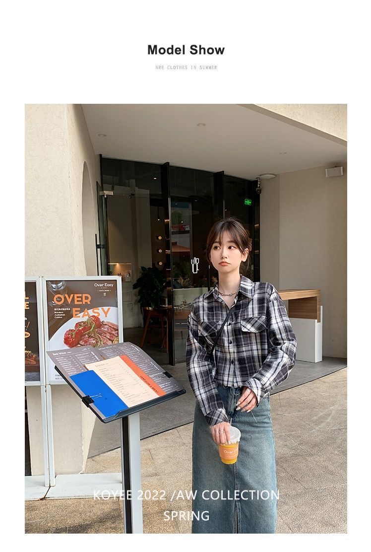 慵懒雅痞调调衬衫须须边短款格子衬衫女夏秋韩版宽松长袖衬衣女详情3