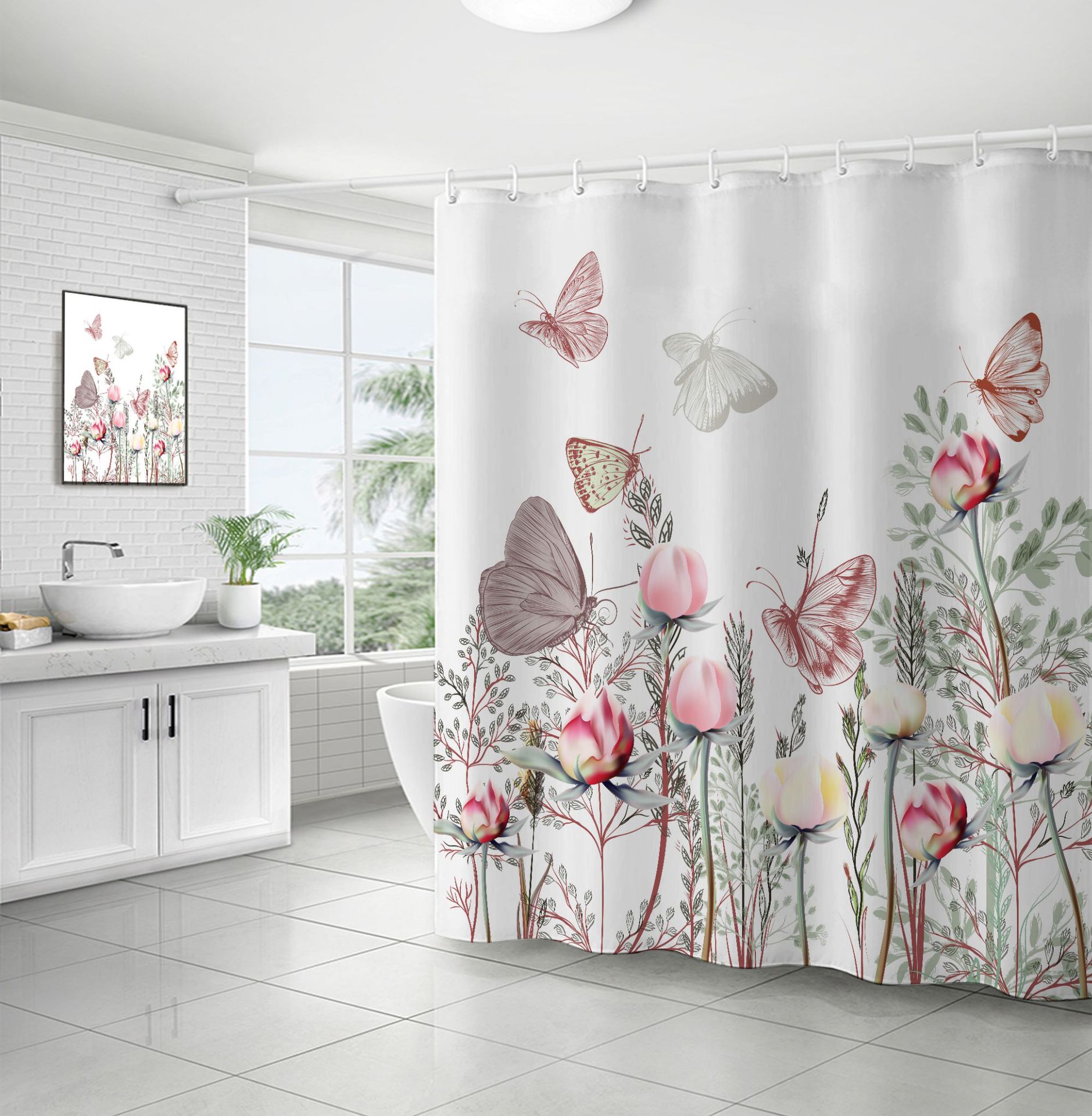 Cross-border direct sales of flower and plant bath curtains, fresh and simple floral waterproof and moisture-proof polyester isolation curtains pic 18