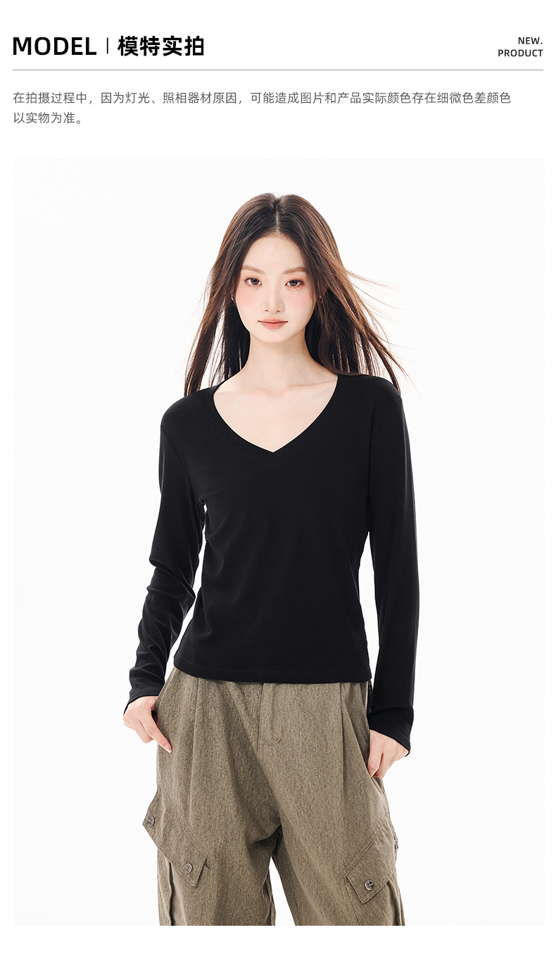 纯色百搭简约通勤V领长袖T恤女正肩修身辣妹显身材内搭打底上衣服详情14