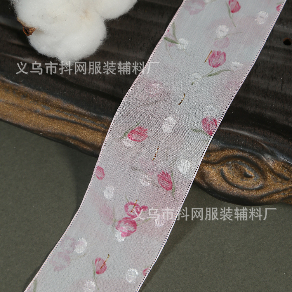 彩色郁金香花朵雪纱带DIY蝴蝶结发饰印花丝带鲜花材料礼盒diy辅料详情7