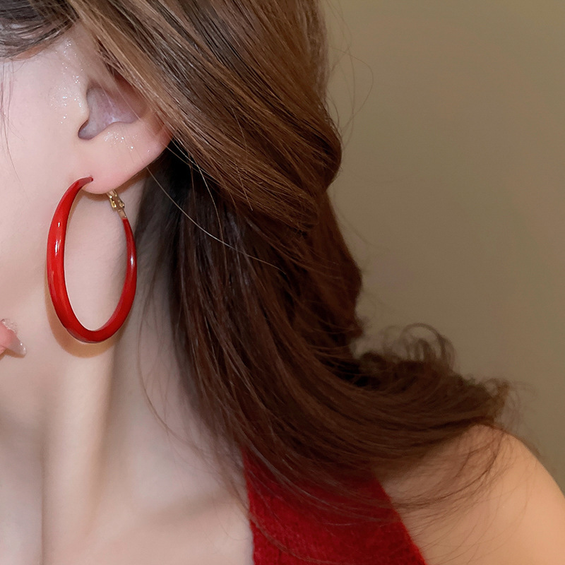 银针安可拉红色波点几何圆形耳圈耳环个性时尚耳圈港风复古耳饰女详情11