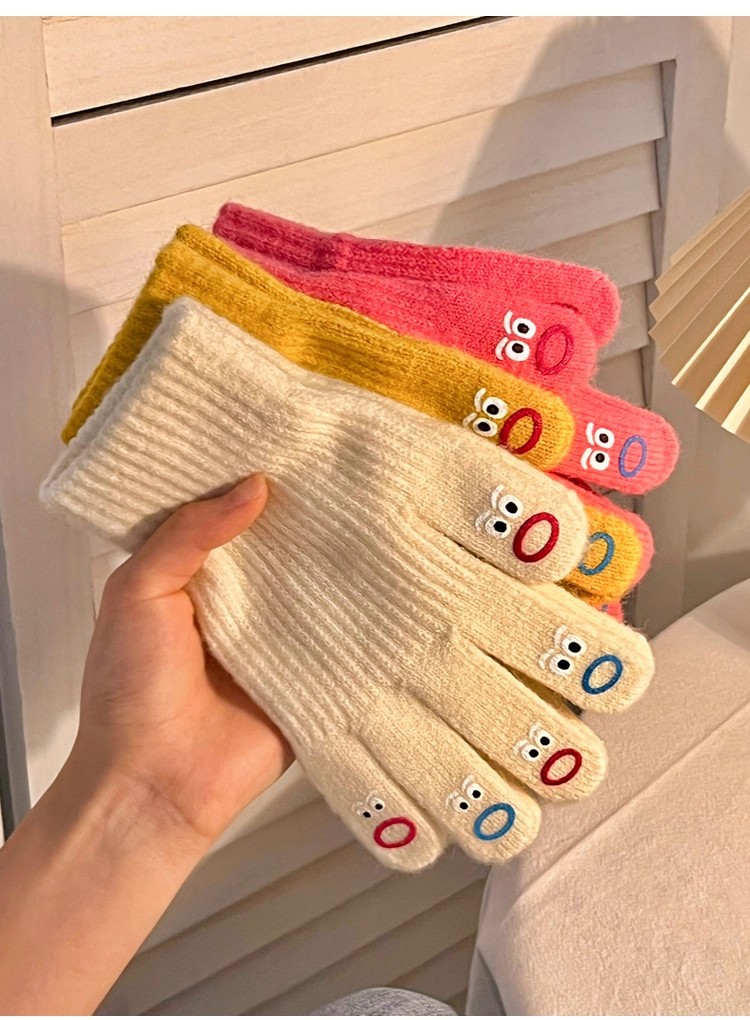秋冬天毛线可爱针织卡通保暖五指可触屏韩版季露指学生手套女冬季详情11