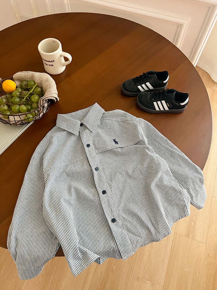 艾摩贝贝2024秋男女童竖条纹刺绣水洗全棉衬衫中大童气质翻领上衣详情5