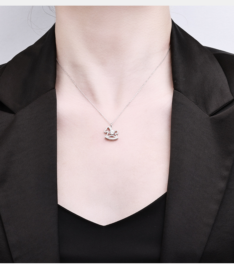 Fairy tale little Wooden Horse necklace, cute and artistic creative collarbone chain for women in summer, silver moissanite pendant, high-end feel, pure silver pic 3