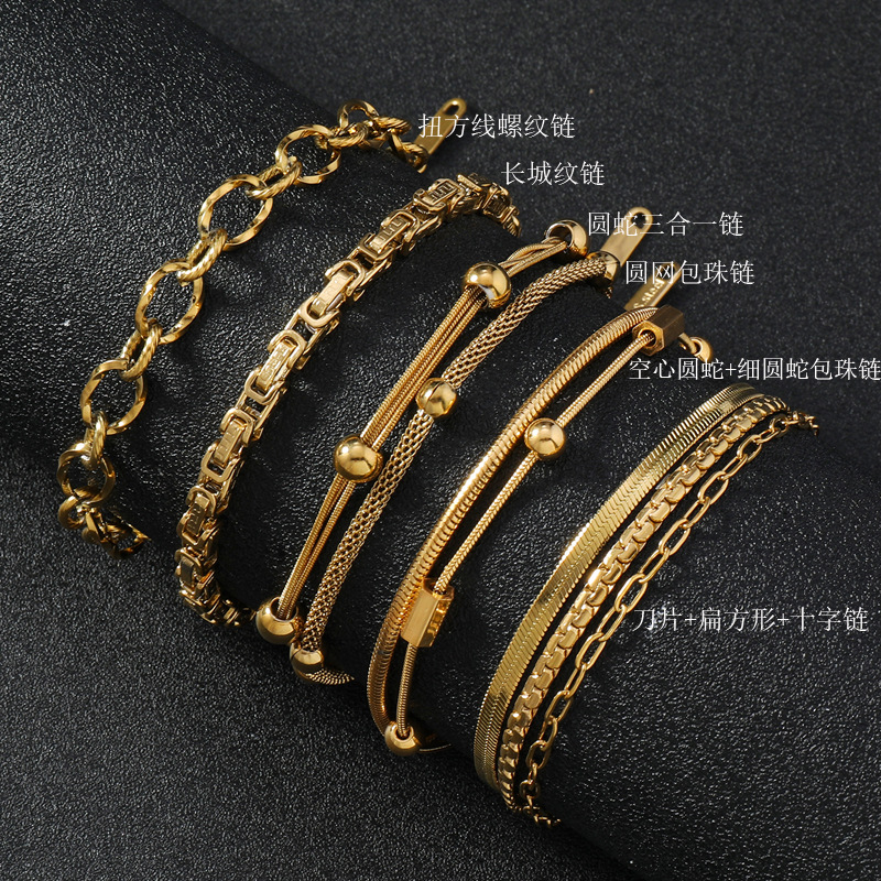 欧美热销时尚手链不掉色复古气质多层手链长城纹不锈钢饰品批发详情2