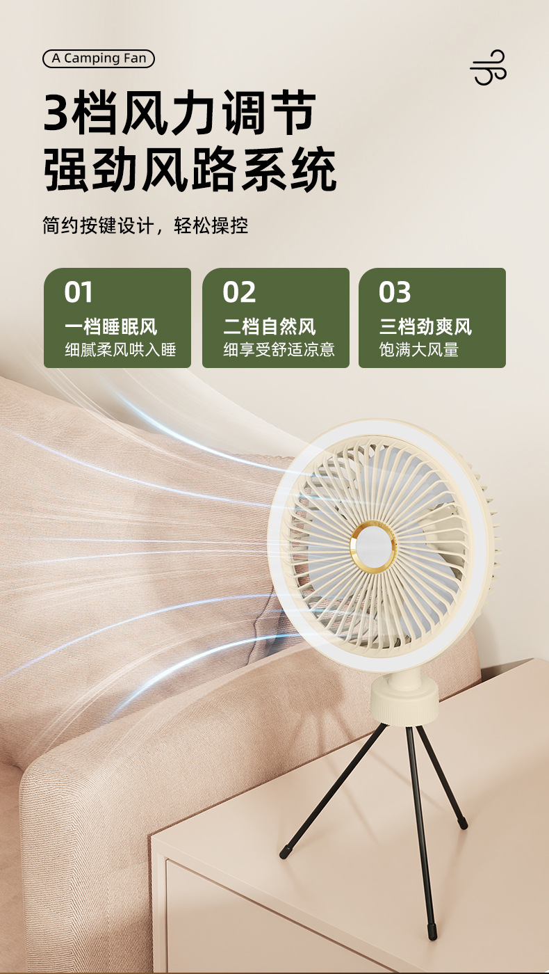 户外露营风扇便携式随身USB充电小风扇超长续航野营钓鱼帐篷带灯详情6