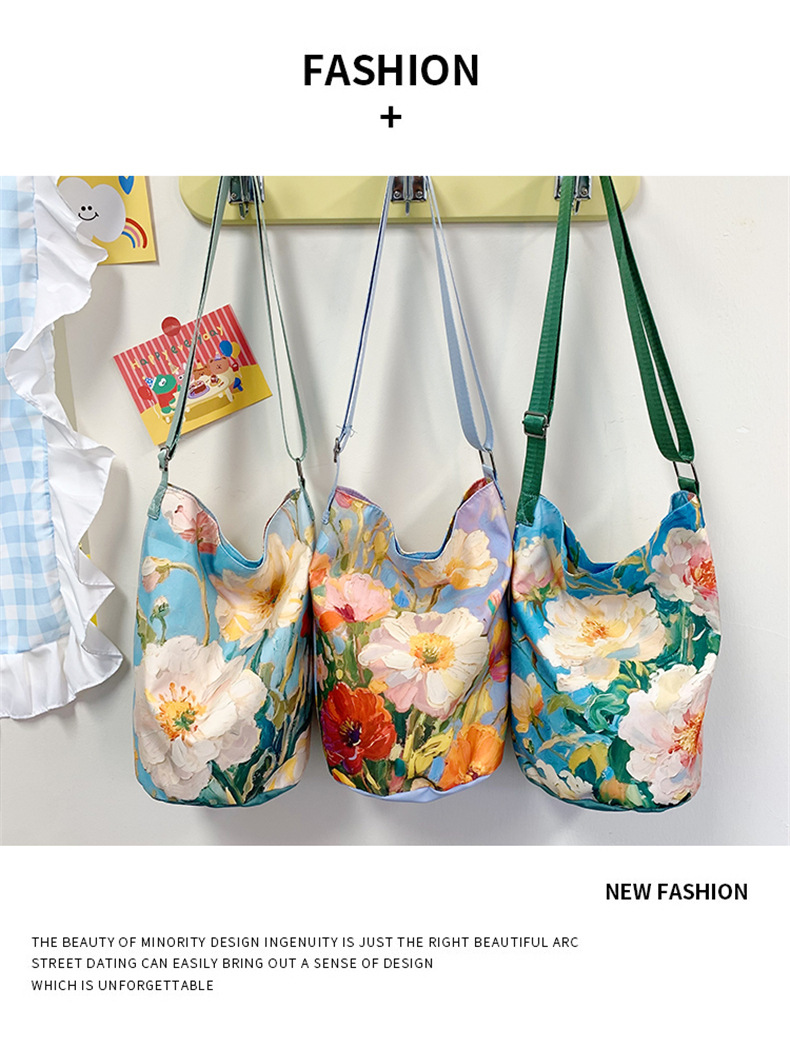 大容量国风印花水桶包女创意花卉个性手提单肩包设计感休闲斜挎包详情4