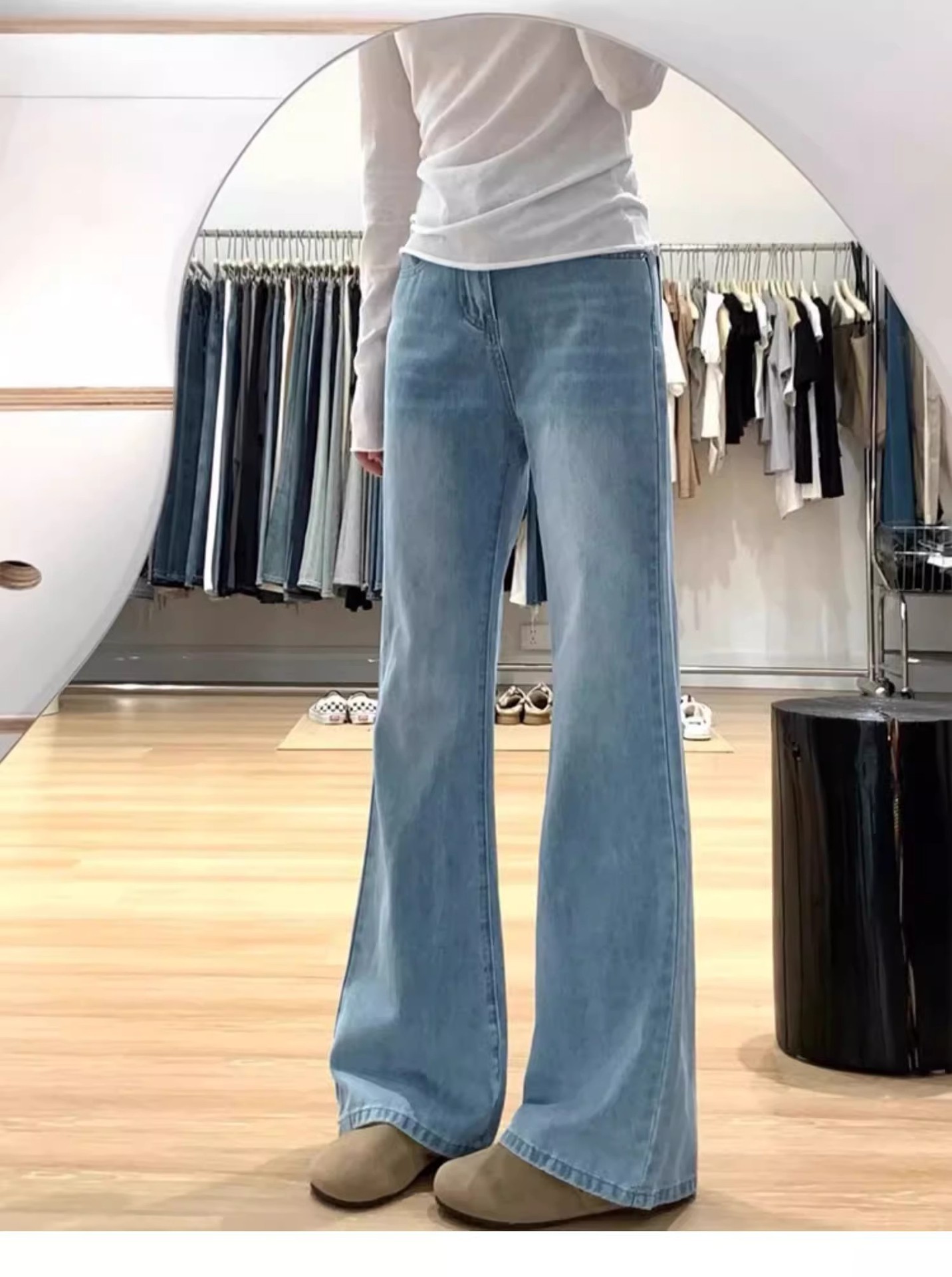 Light-colored, slightly flared jeans for women, a new summer style. Plus-size, slimming, pear-shaped figure, flared hoof-shaped pants pic 1