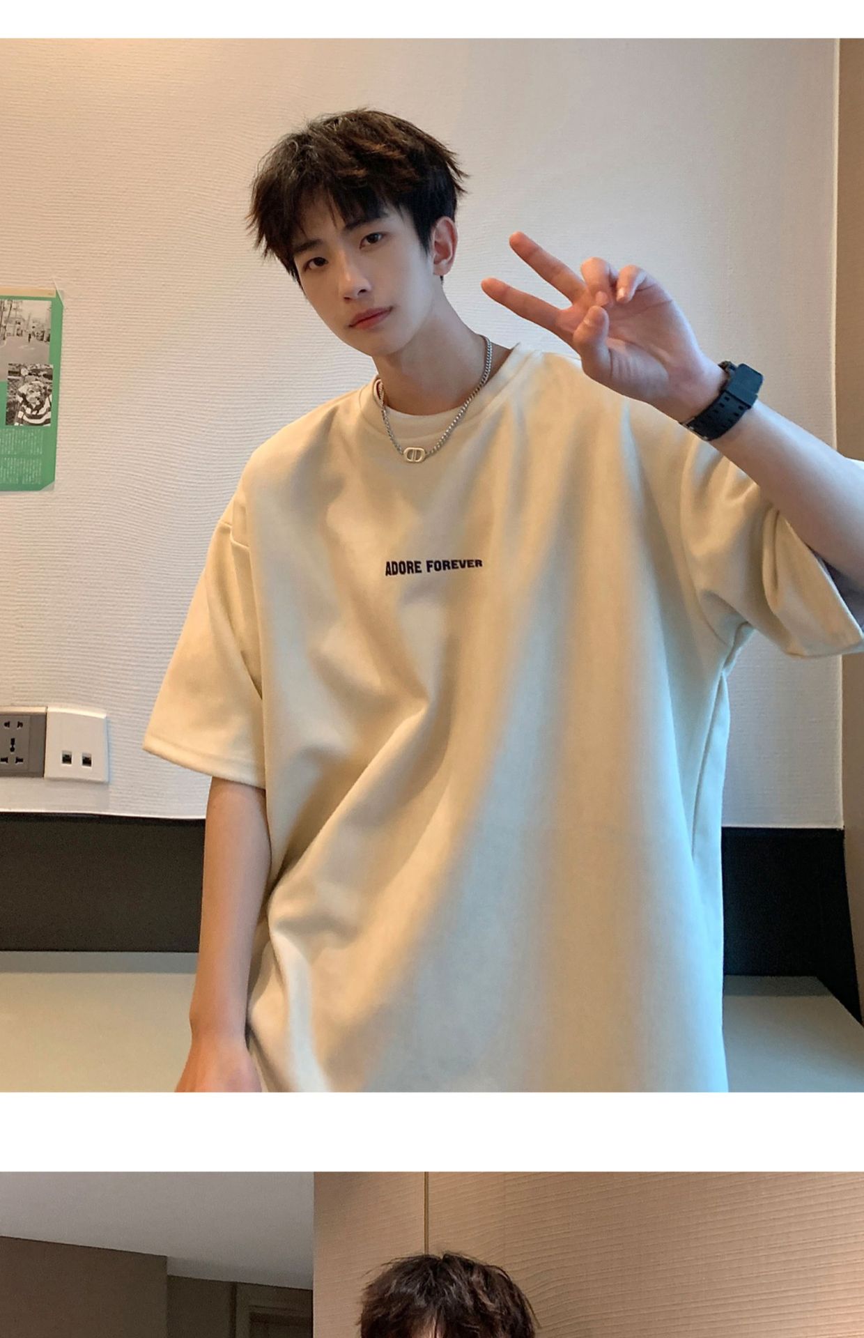 Avocado Green 320g heavyweight T-shirt for men, American retro suede short-sleeved, oversized small collar, three-quarter sleeve pic 32