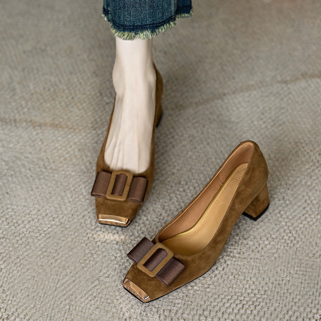 法式复古时尚蝴蝶结浅口单鞋女春秋新款方头中跟粗跟百搭高跟瓢鞋详情6