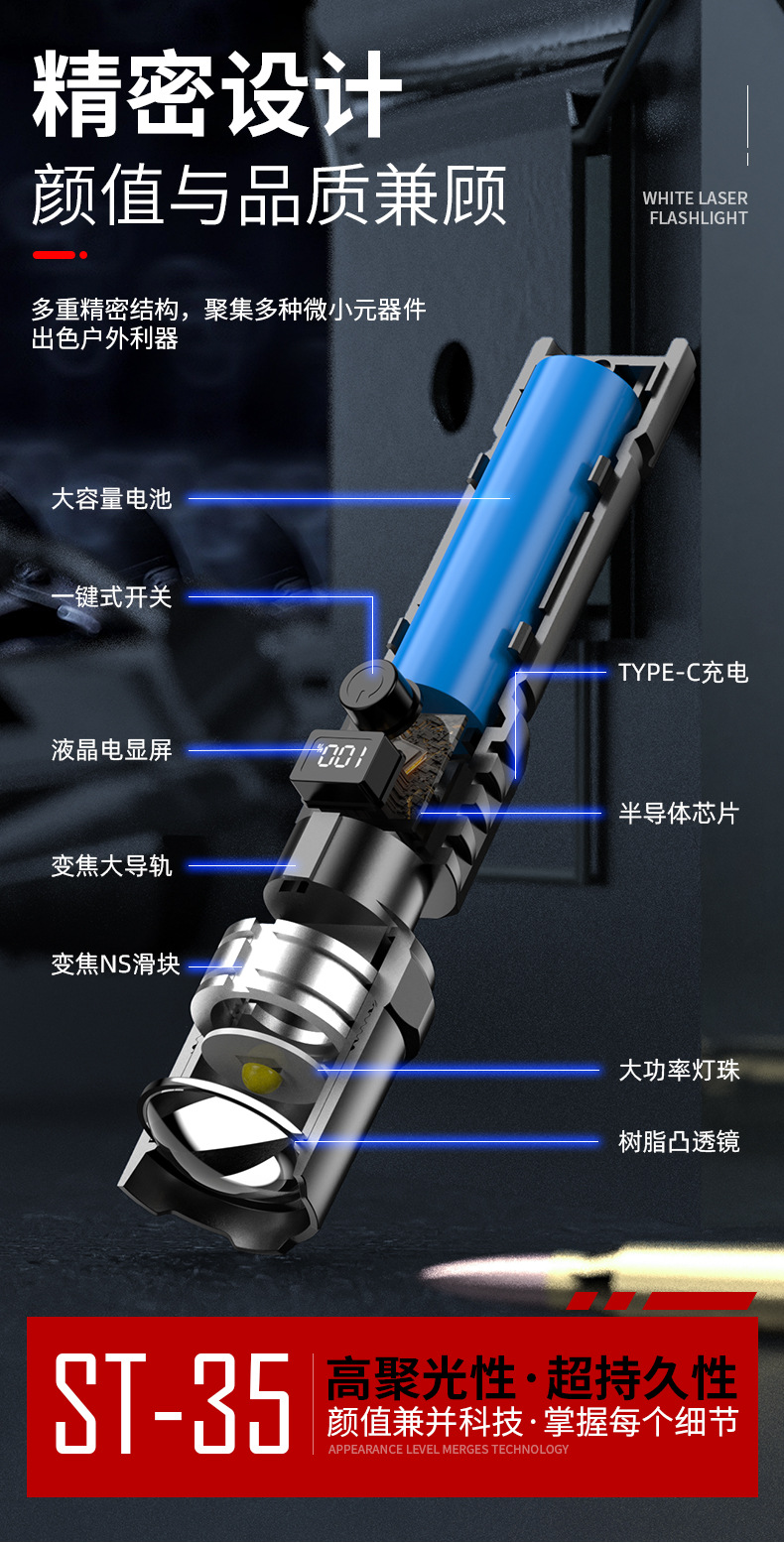 新品大功率白激光手电筒Type-c便携充电户外远射灯伸缩调焦量显示详情4