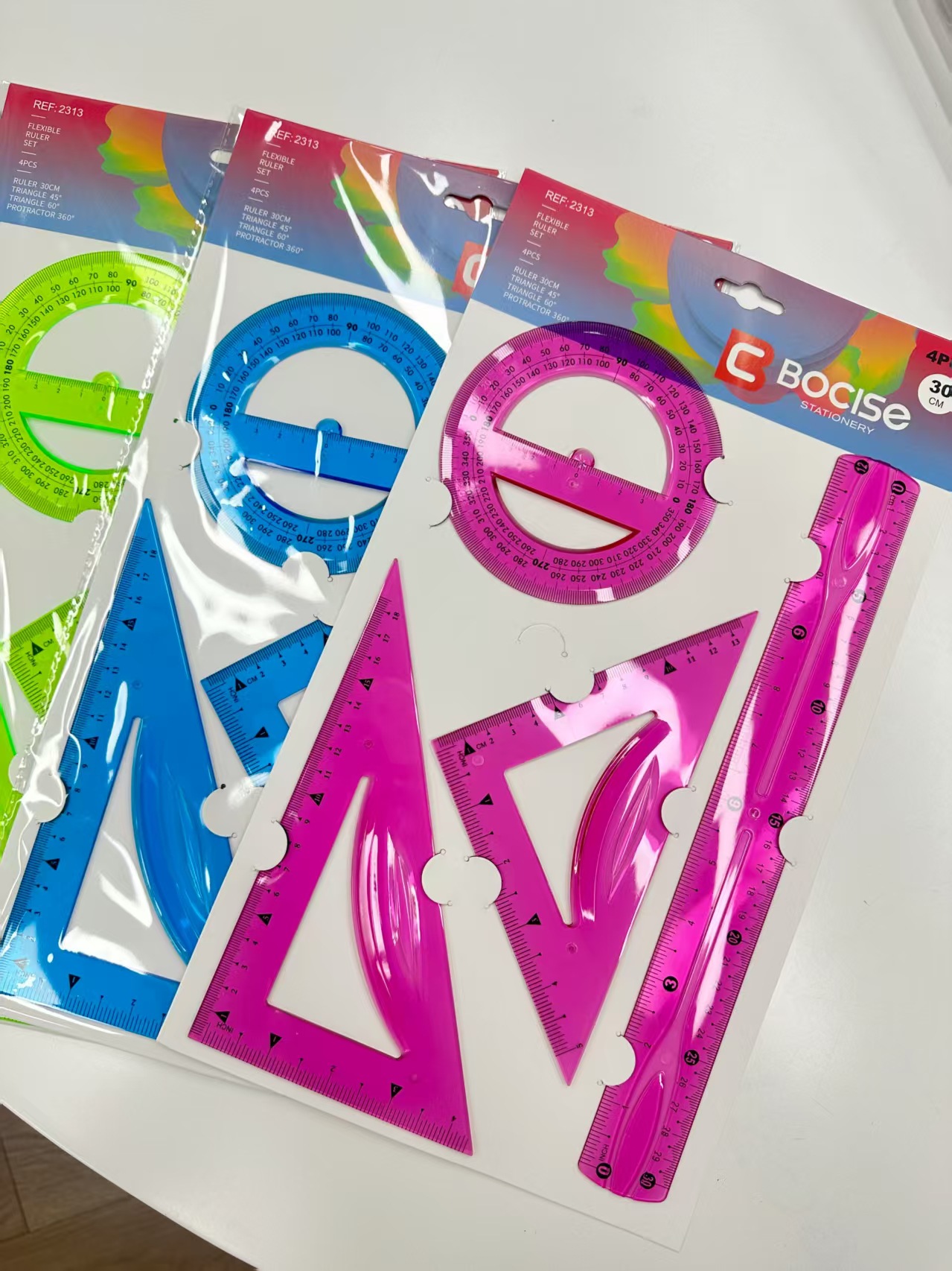Venta directa de fábrica conjunto de cuatro piezas PVC soft sleeve rule triangular rule straight transferer en stock logotipo impreso texto de talento pic 1