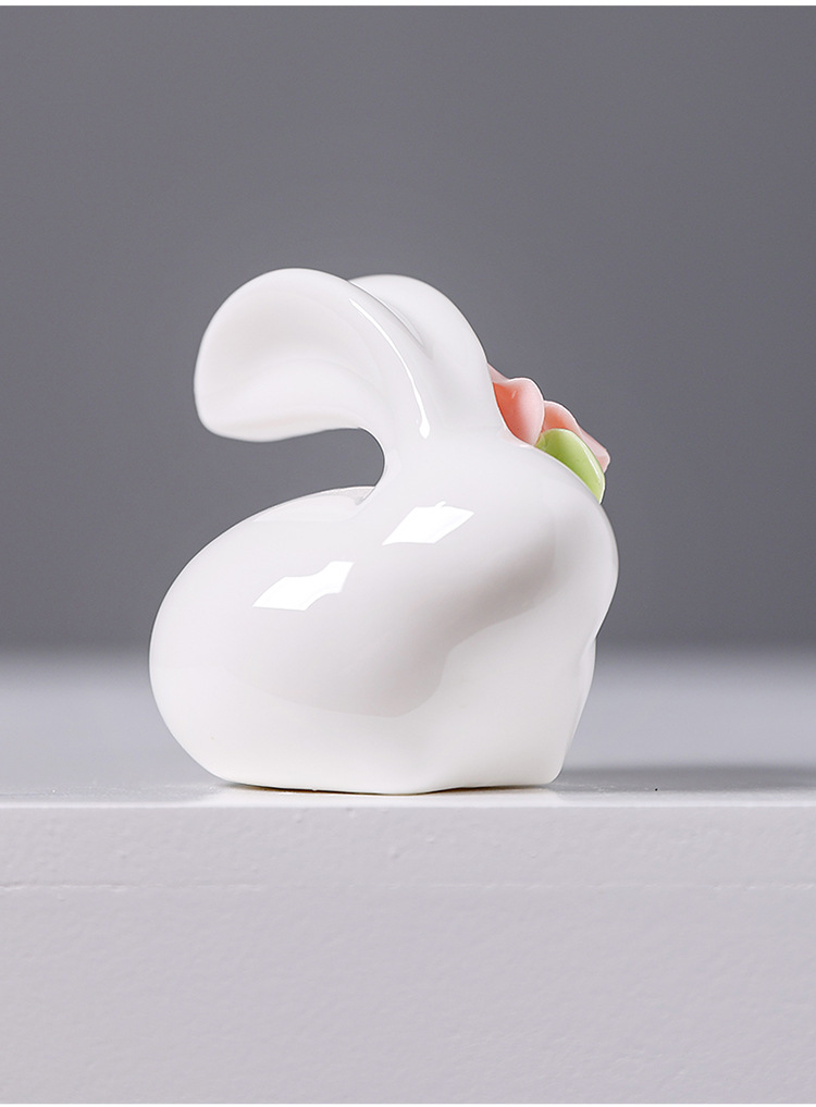 2026, a creative tea table and desk with cute mini porcelain flower decorations featuring hand-molded rabbit patterns made of jadeite white porcelain pic 3