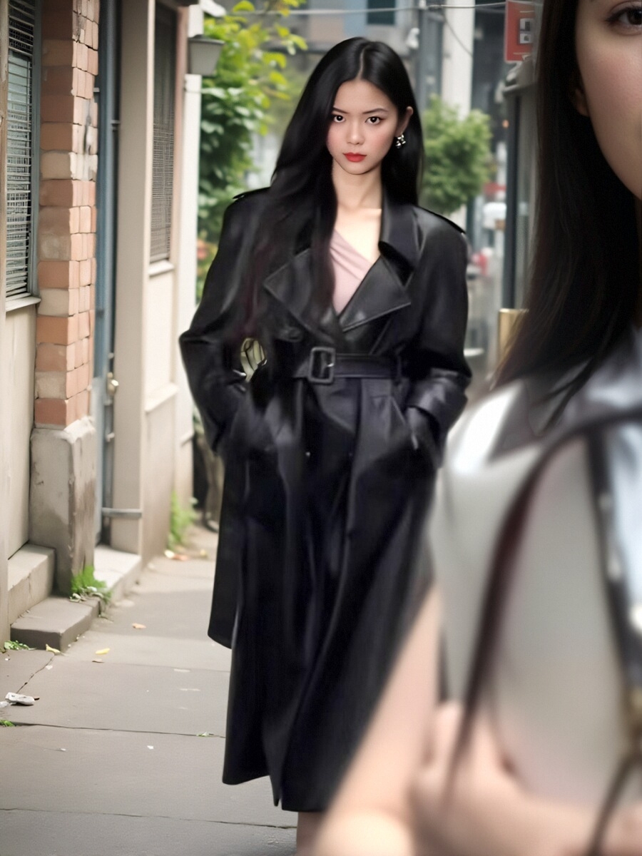 杨超越同款外贸黑色风衣女高级感2024新款长款高个子PU皮外套大衣详情3