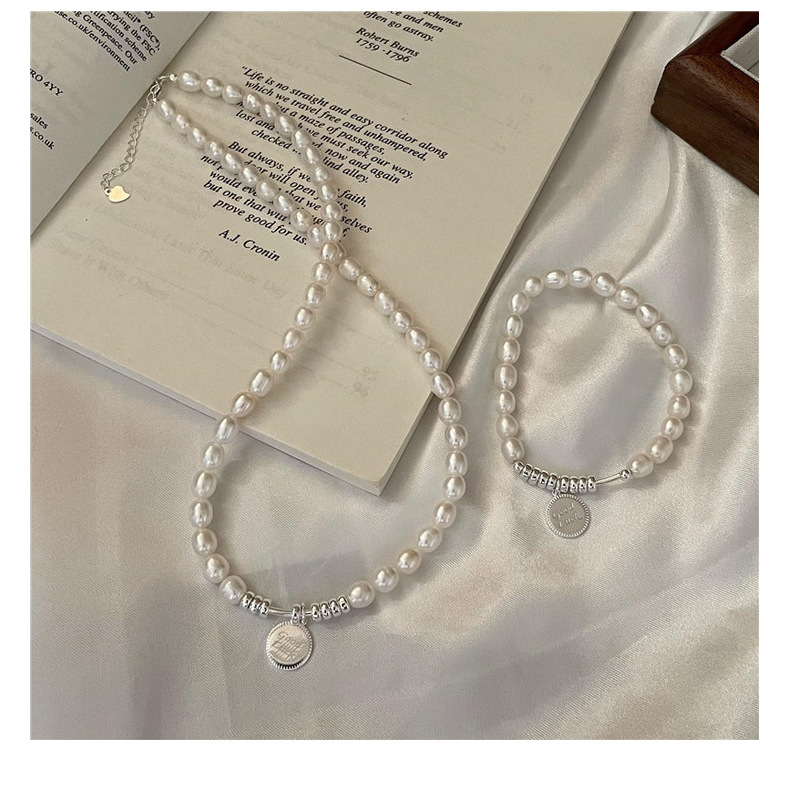 S925 sterling silver freshwater pearl vintage handcrafted Good Luck brand necklace and bracelet set, fashionable and simple collarbone chain pic 20