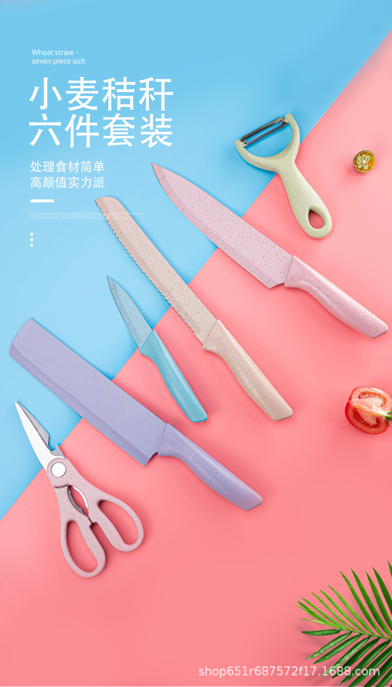 跨境现代不锈钢麦秆六件带刀套马卡龙七彩色厨房刀具套装详情2
