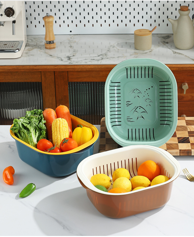 Creative household kitchen double-layer draining basket, creative fruit and vegetable washing basin, plastic multi-functional bowl and chopsticks draining pic 15