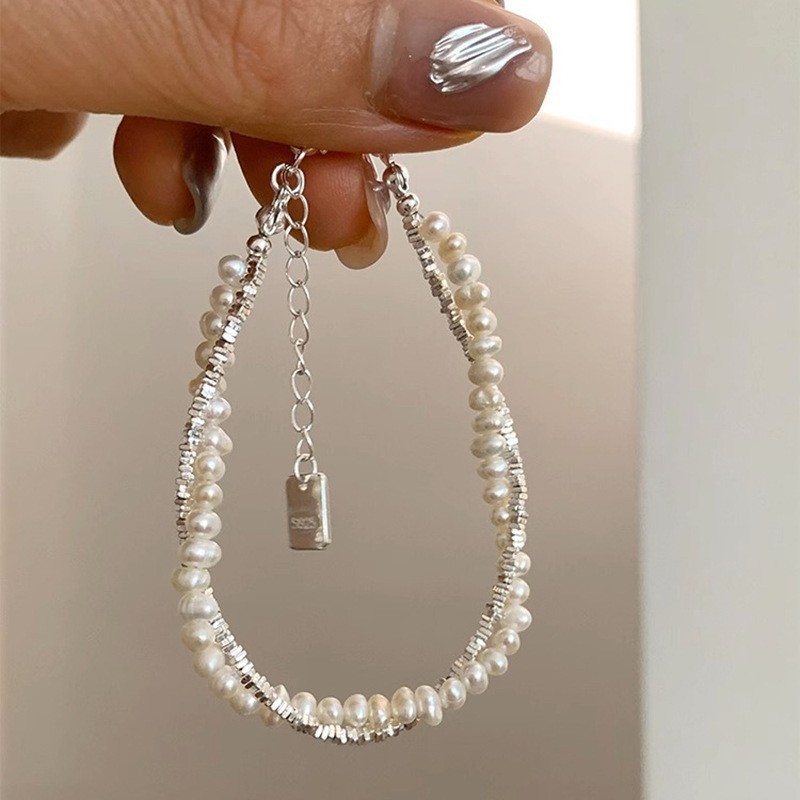 Korean InS-style freshwater high-gloss pearl niche bracelet for women, s925 sterling silver jewelry, broken silver style, versatile and high-end pic 8