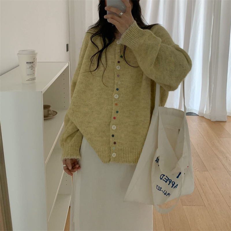 2025秋冬季韩系慵懒风彩扣针织开衫百搭上衣宽松软糯女式毛衣外套详情4