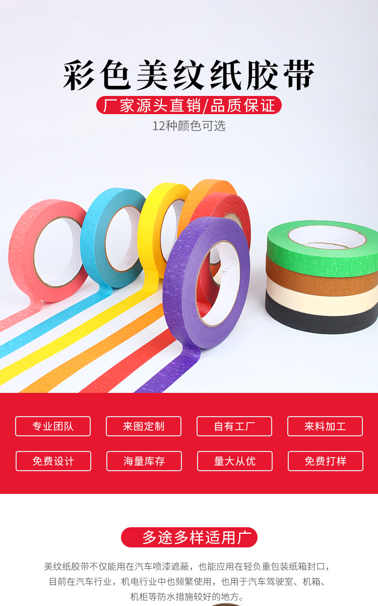 彩色美纹纸胶带批发耐温外墙装修喷漆遮蔽手撕分色标记皱纹纸胶带详情1