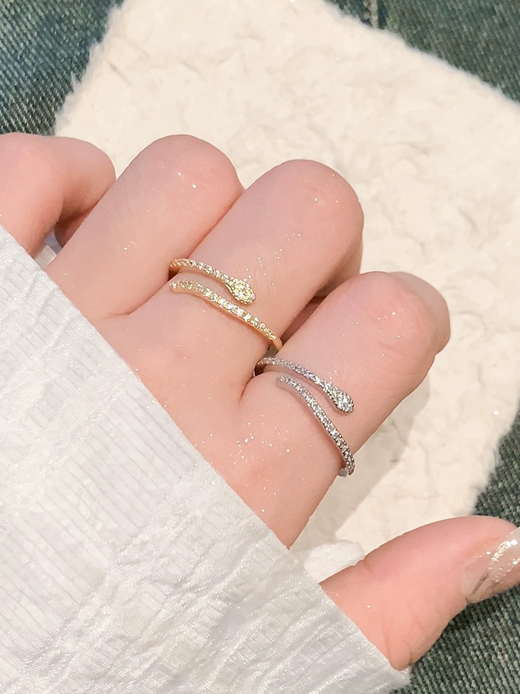 S925纯银镀14K金蛇形戒指女小众设计感镶钻轻奢精致时尚开口戒详情7
