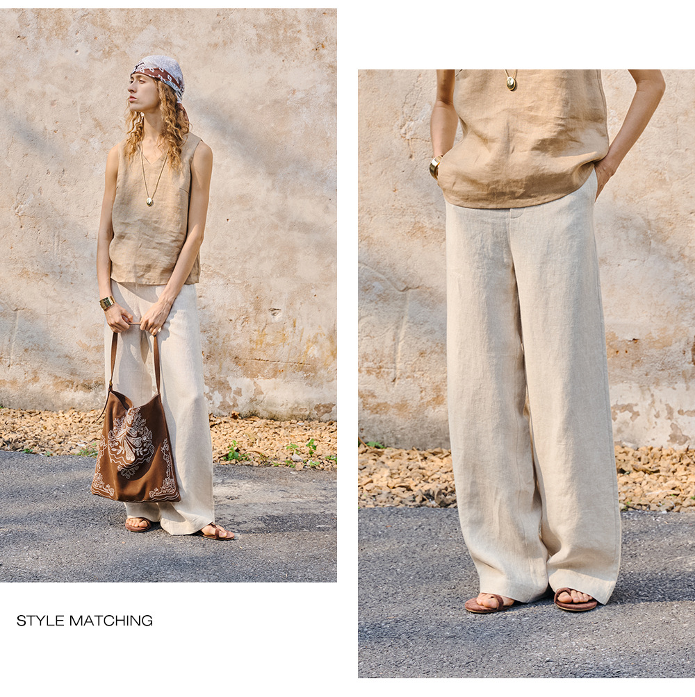 Linen loose straight-leg pants for commuting, long pants with a high-quality feel for old money, high-waisted fashionable linen casual pants for women in spring and summer pic 19