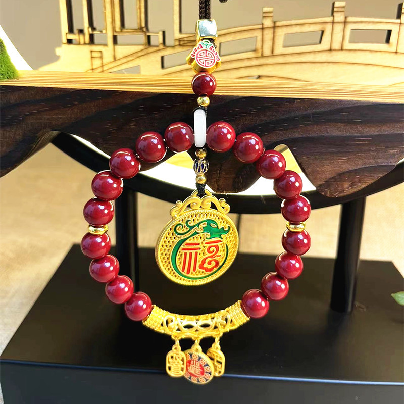 Red rope, ancient method, sand gold, Five blessings complete, cinnabar peace and good fortune, car pendant, blue, Chinese trend, retro pendant pic 1