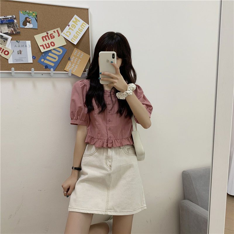 短袖衬衫女设计感小众夏季法式甜美减龄短款上衣方领小个子娃娃衫详情8