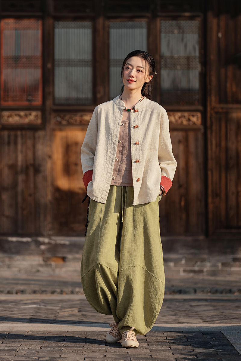 国潮中式棉麻女装拼色盘扣衬衫复古亚麻上衣茶服女禅意中山装国风开衫详情30