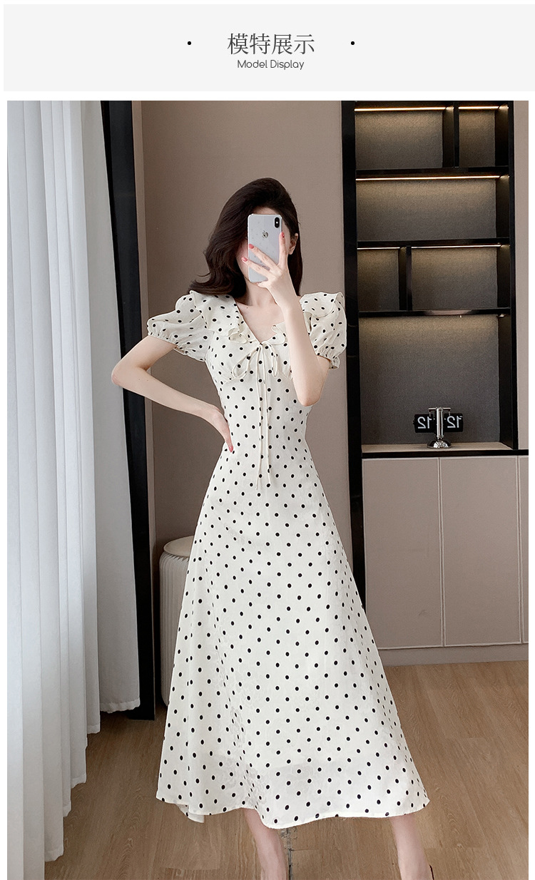 High-quality summer Korean-style sweet and slimming dress with lotus leaf collar, waist-cinching tie, puffed sleeves and jacquard polka dot pic 11