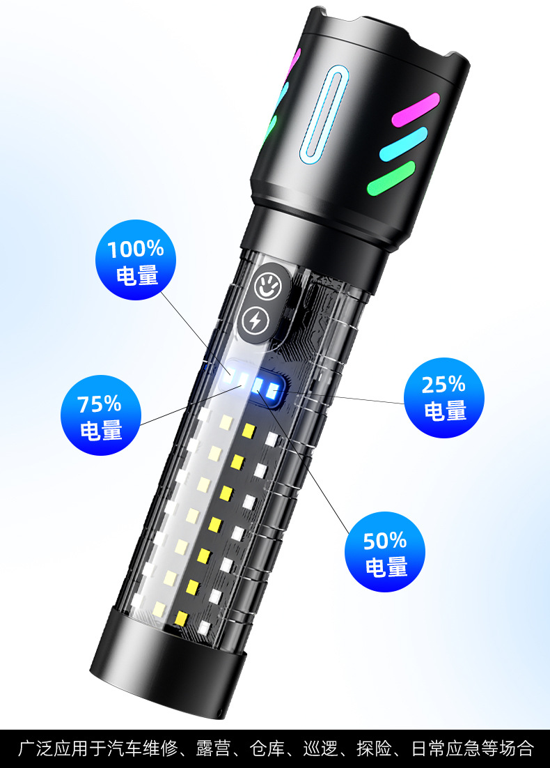 A new cross-border white laser long-range rechargeable flashlight with built-in battery, featuring a fluorescent strip and red and blue flashing outdoor flashlight pic 10