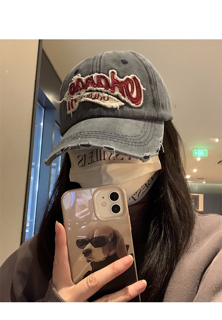 American retro distressed baseball cap for women, washed-out, ripped denim wide-brimmed baseball cap, face-showing small cap pic 10
