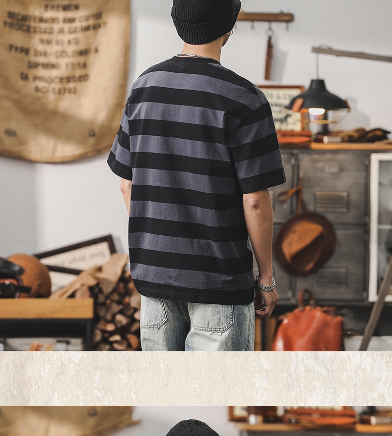 32支双纱平纹纯棉T恤男短袖夏季美式复古重磅宽松大码条纹男体恤详情16