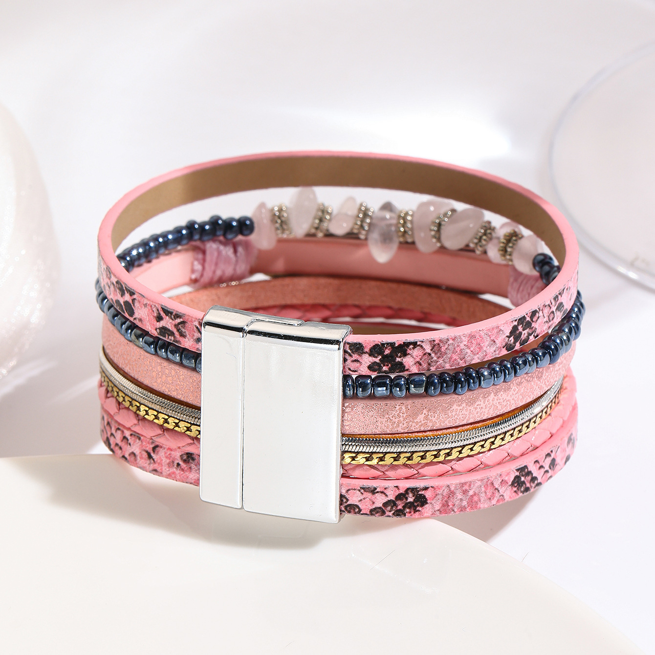 跨境翡翠波西米亚碎石羽毛手链复古绿松石磁铁扣手镯详情17