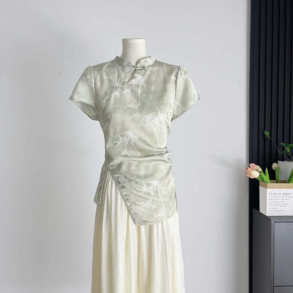 杨大卷国风假两件收腰连衣裙新中式绿色改良旗袍女不规则拼接清冷详情8