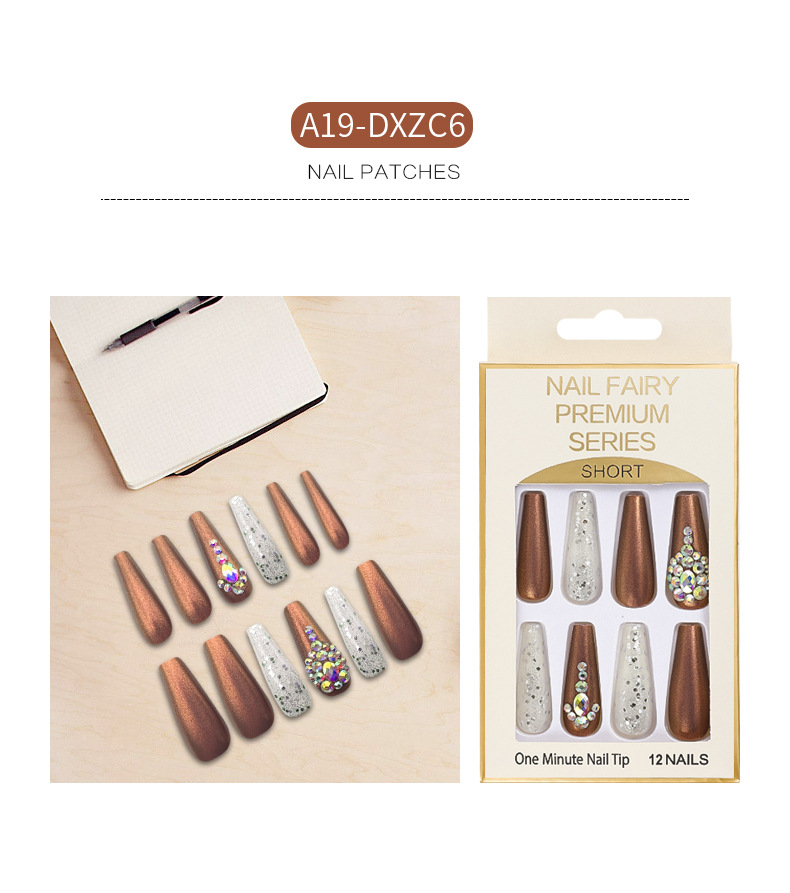 Cross-border long T-shaped false nail, glitter and sequin nail art, colorful artificial rhine-dotted ballet nail, wearable nail wholesale pic 4