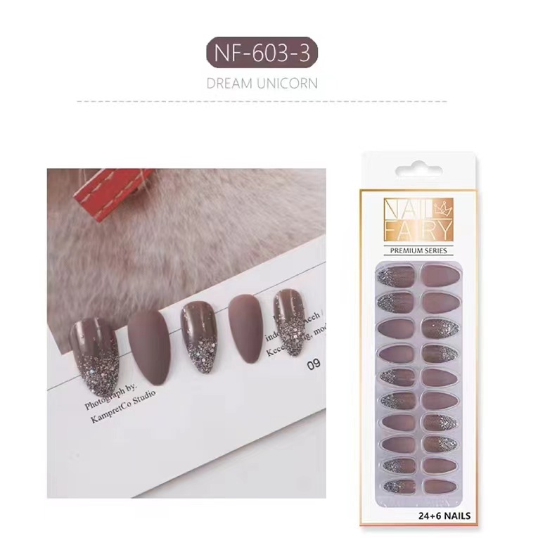 Cross-border exclusive flash pink color-blocking and dazzling nail art, 24 pieces of finished nail art, wearable detachable false nails pic 5