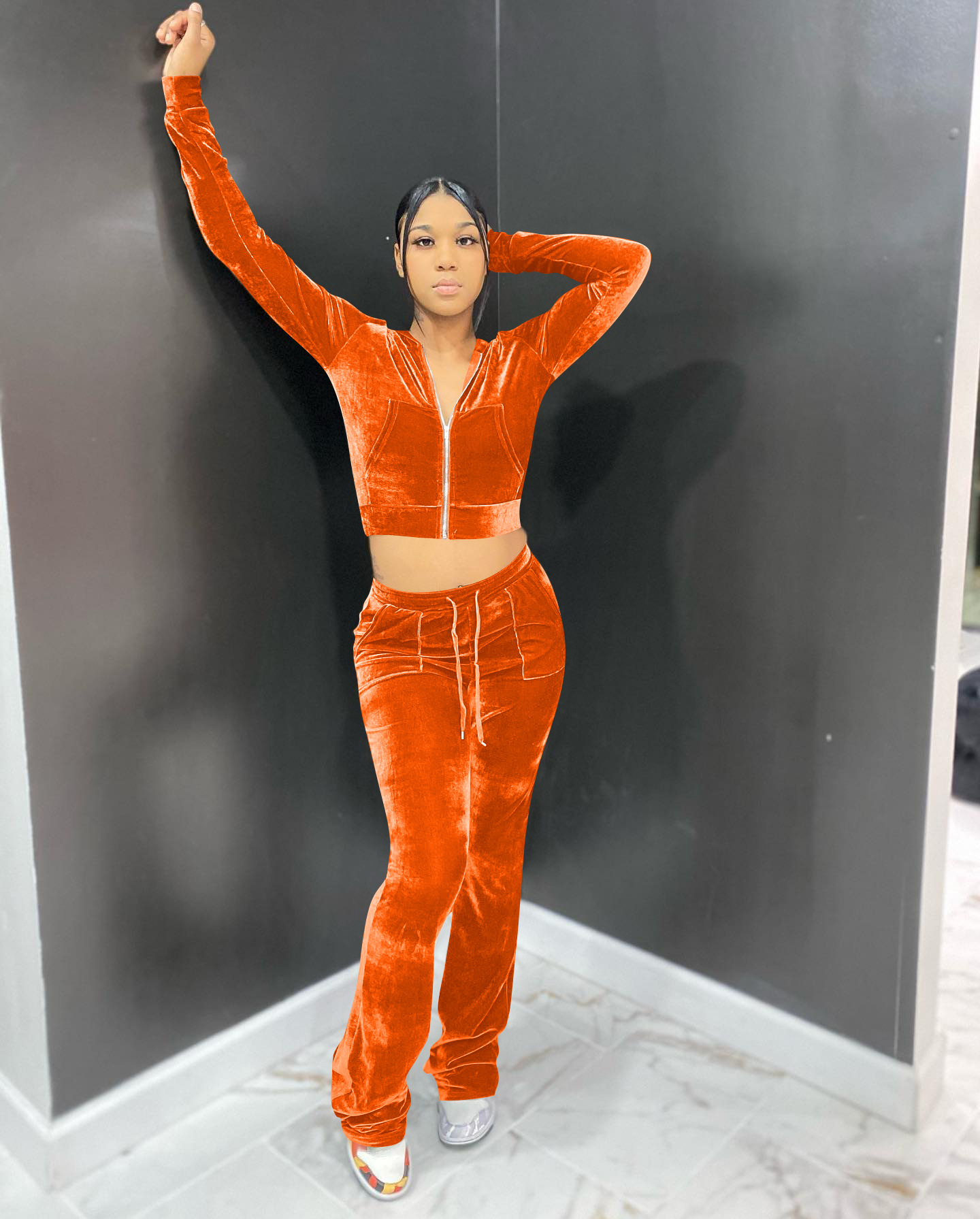 Solid color gold velvet wide-leg pants two-piece set pic 79