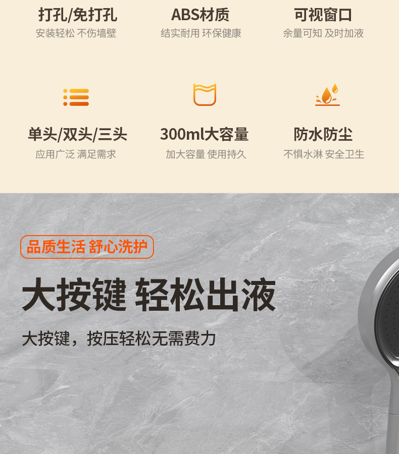 美臣家居白色壁挂手动皂液器三联装酒店洗发沐浴瓶洗衣粉五金配件收纳盒套装详情4